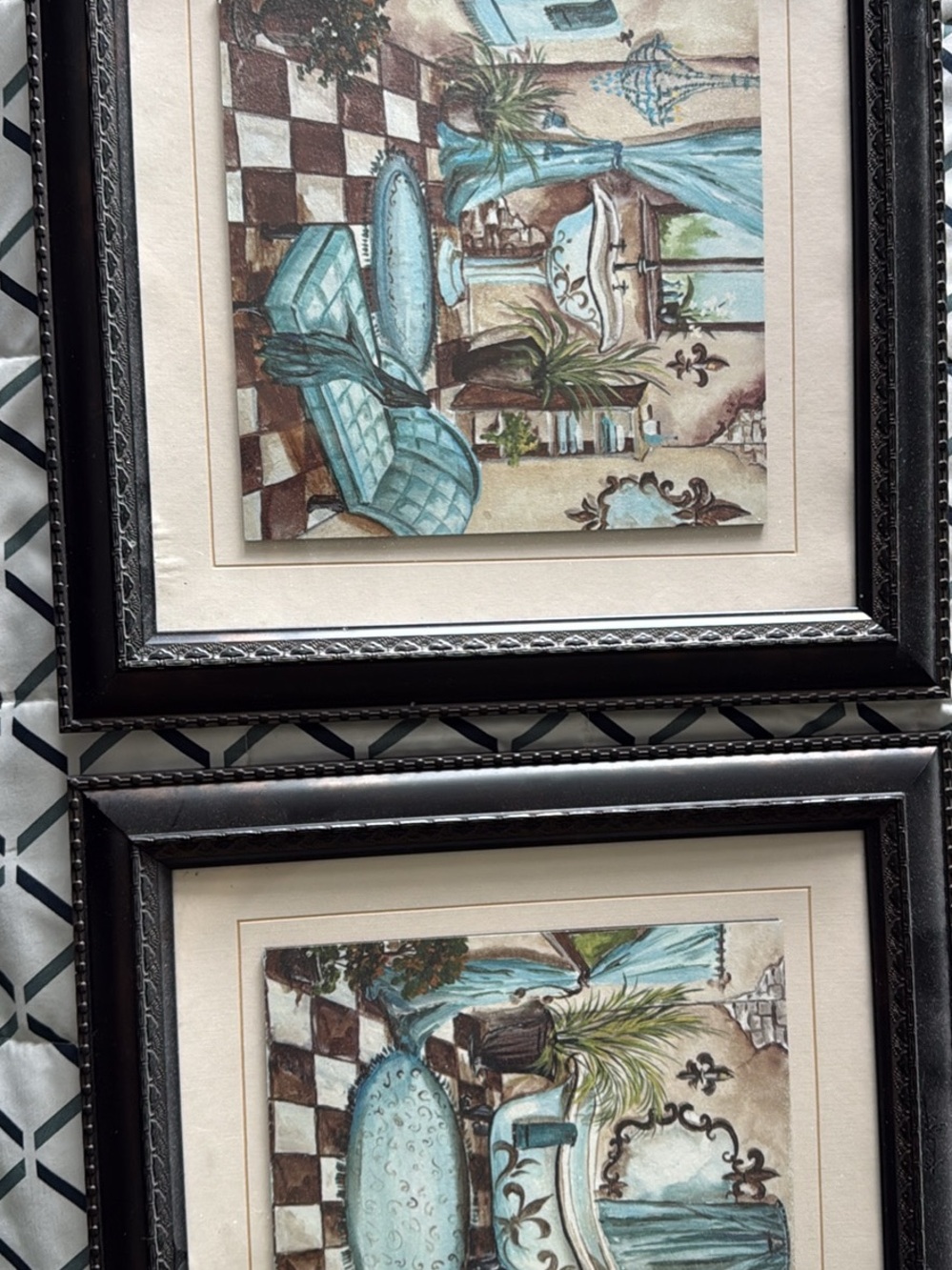 Pair of Framed Coastal Botanical Prints in Teal and Brown